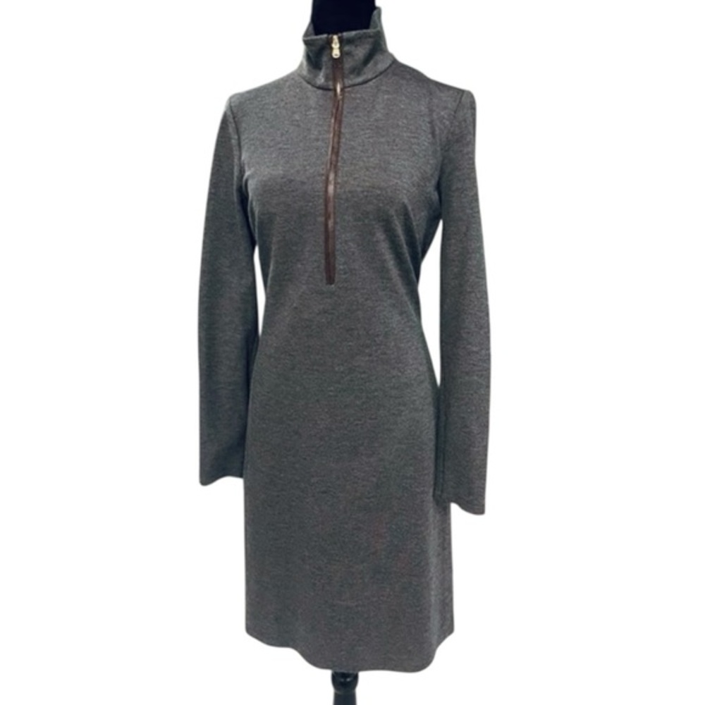 Lauren Ralph Lauren Leather-Trim Zip Mock Neck Midi Dress Gray 2 / XS